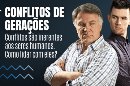 Infográfico mostrando cinco gerações brasileiras com ícones de tecnologia, economia e comportamento social