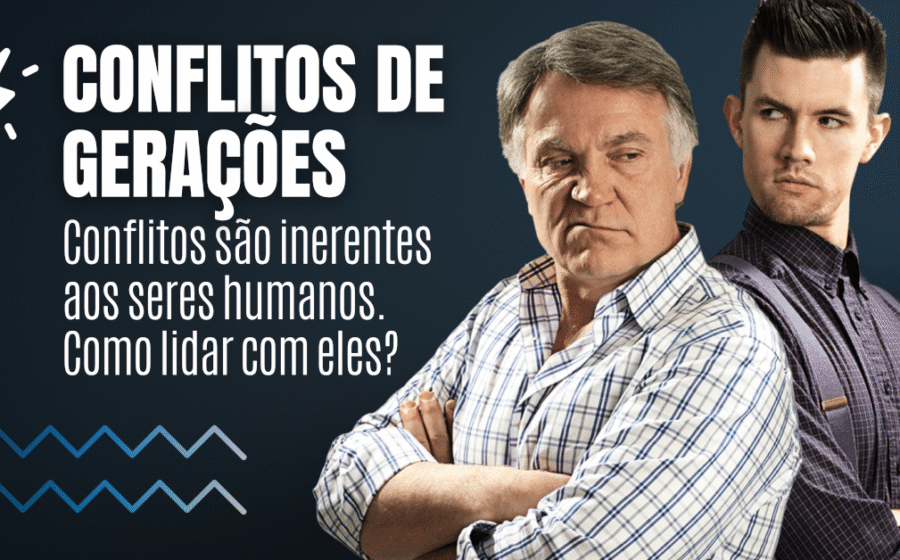 Infográfico mostrando cinco gerações brasileiras com ícones de tecnologia, economia e comportamento social