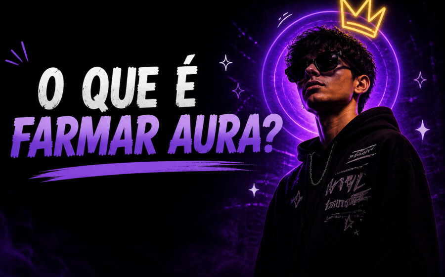 Jovens no smartphone competindo por validação digital com ícones de aura e métricas sociais