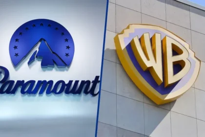 Logos da Paramount e Warner Bros com gráficos de dívida de US$ 51,9 bi e US$ 80 bi