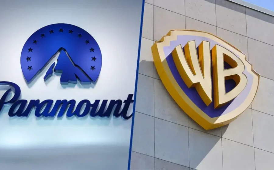 Logos da Paramount e Warner Bros com gráficos de dívida de US$ 51,9 bi e US$ 80 bi