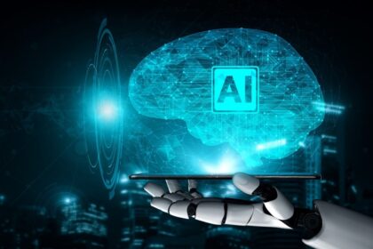 Robô de IA avaliando marcas como portões digitais filtrando visibilidade empresarial