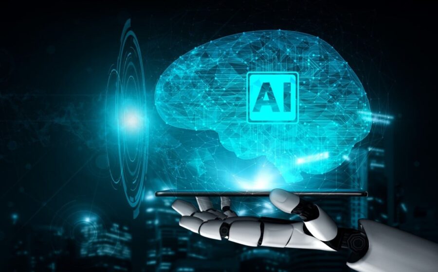 Robô de IA avaliando marcas como portões digitais filtrando visibilidade empresarial