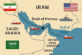Mapa do Estreito de Hormuz com petroleiros e ícones de risco sistêmico global