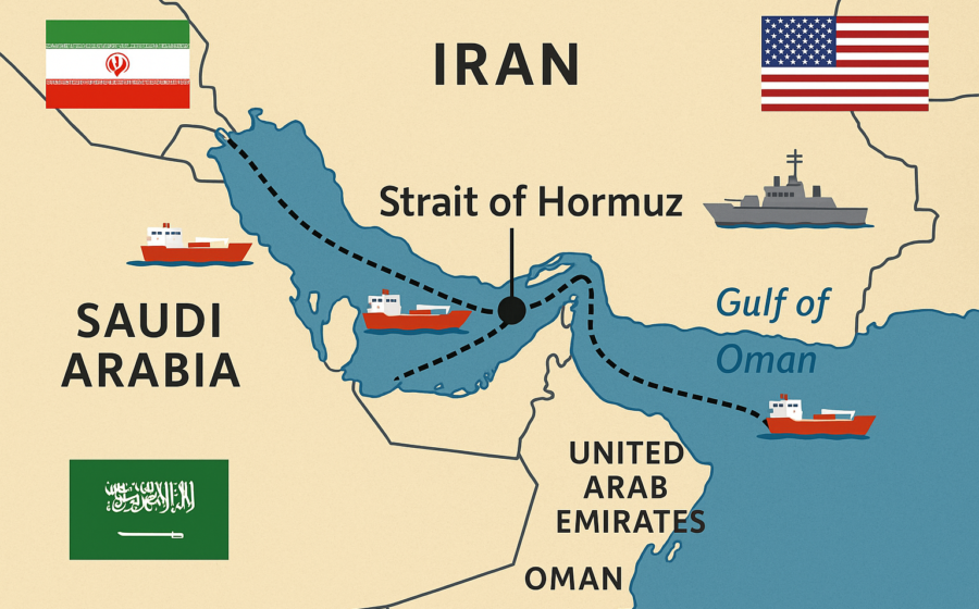 Mapa do Estreito de Hormuz com petroleiros e ícones de risco sistêmico global