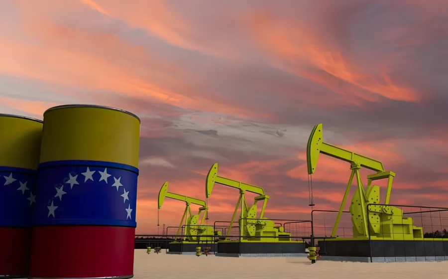 Gráfico mostra projeção de alta na produção de petróleo da Venezuela até 2030 com bandeira e barris de óleo