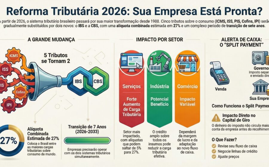 Ilustração 3D de engrenagens complexas representando a operacionalização da reforma tributária com IBS e CBS