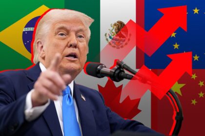 Donald Trump e bandeira do Canadá com símbolos de tarifas e guerra comercial