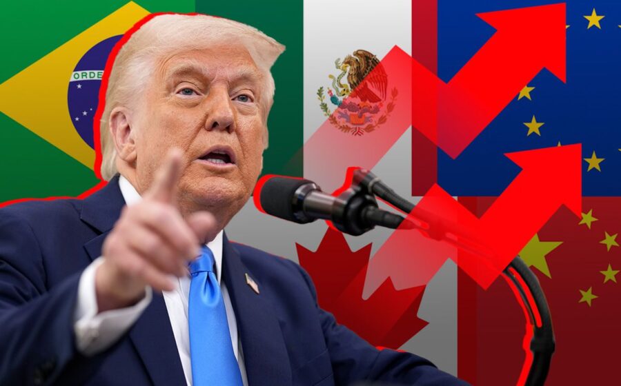 Donald Trump e bandeira do Canadá com símbolos de tarifas e guerra comercial