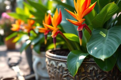 Helicônias tropicais em vasos de diferentes tamanhos demonstrando escolha correta de recipiente para cultivo escalável