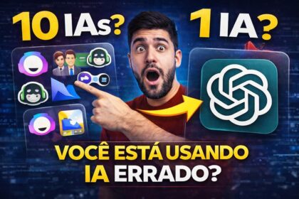 Profissional usando IA generativa no laptop com colegas ao fundo demonstrando impacto no ambiente de trabalho