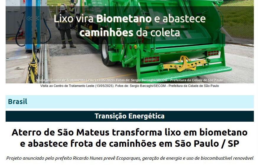 Aterro Sanitário de Seropédica com torres de captura de biogás e caminhões de coleta abastecidos por combustível renovável