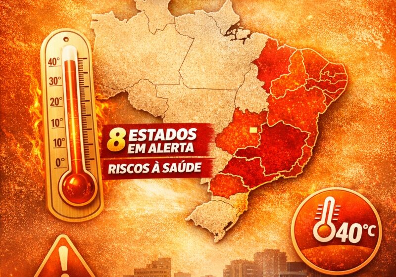 Mapa do Brasil destacando oito estados em alerta vermelho por onda de calor com temperaturas até 40°C