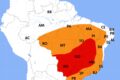Mapa do Brasil com alerta vermelho de onda de calor em 8 estados mostrando temperaturas acima de 40°C