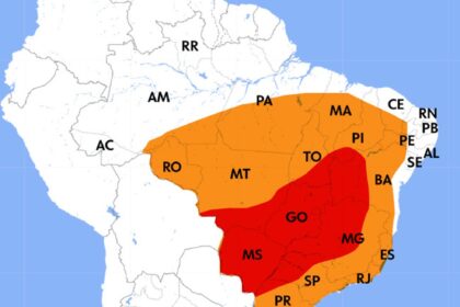 Mapa do Brasil com alerta vermelho de onda de calor em 8 estados mostrando temperaturas acima de 40°C