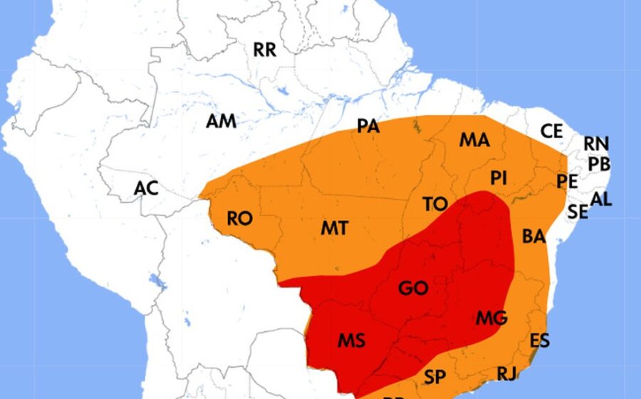 Mapa do Brasil com alerta vermelho de onda de calor em 8 estados mostrando temperaturas acima de 40°C