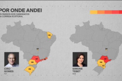 Mapa do Brasil destacando rotas de campanha dos presidenciáveis no Sul, São Paulo e Rio