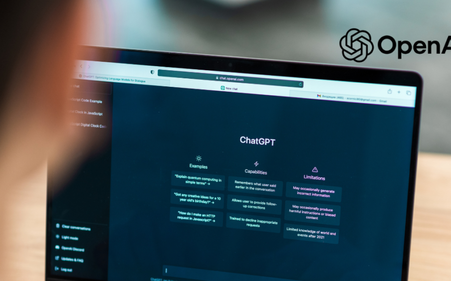 Logotipo da OpenAI com gráfico de crescimento exponencial e símbolos de investimento bilionário