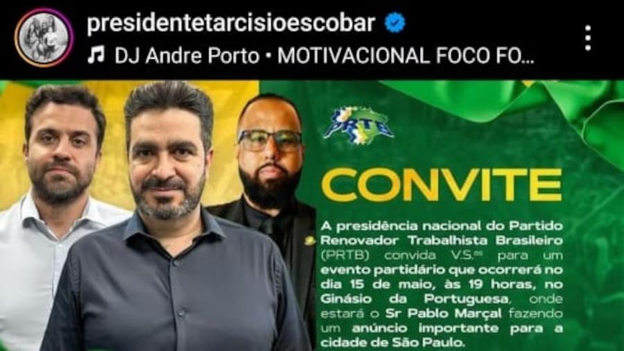 Leonardo Avalanche e Pablo Marçal em evento do PRTB com logotipo do partido e bandeira do Brasil