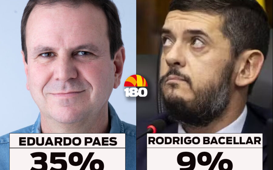 Eduardo Paes em evento político no Rio, gráficos de pesquisa eleitoral 2026 ao fundo
