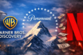 Logos Paramount e Warner Bros sobre gráfico financeiro ascendente simbolizando fusão bilionária