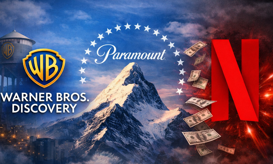 Logos Paramount e Warner Bros sobre gráfico financeiro ascendente simbolizando fusão bilionária