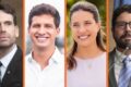 Mapa de Pernambuco com 7 fotografias de candidatos ao governo estadual em 2026