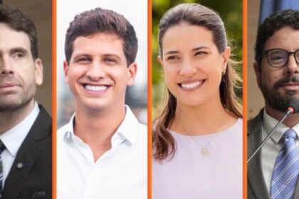 Mapa de Pernambuco com 7 fotografias de candidatos ao governo estadual em 2026