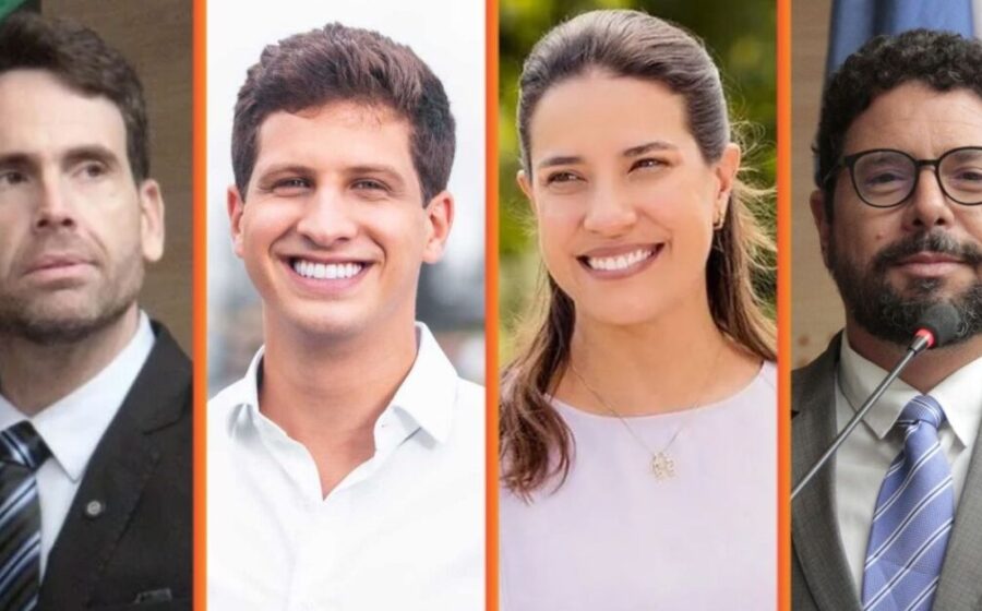 Mapa de Pernambuco com 7 fotografias de candidatos ao governo estadual em 2026