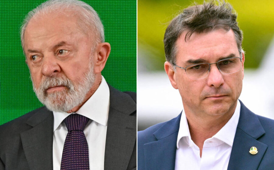 Lula e Flávio Bolsonaro em destaque com gráficos de intenção de voto na Bahia