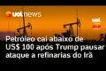 Gráfico mostra queda do petróleo Brent abaixo de US$ 100 com bandeiras do Oriente Médio ao fundo