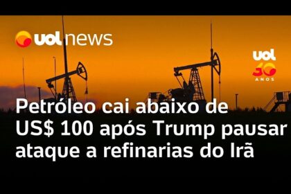 Gráfico mostra queda do petróleo Brent abaixo de US$ 100 com bandeiras do Oriente Médio ao fundo