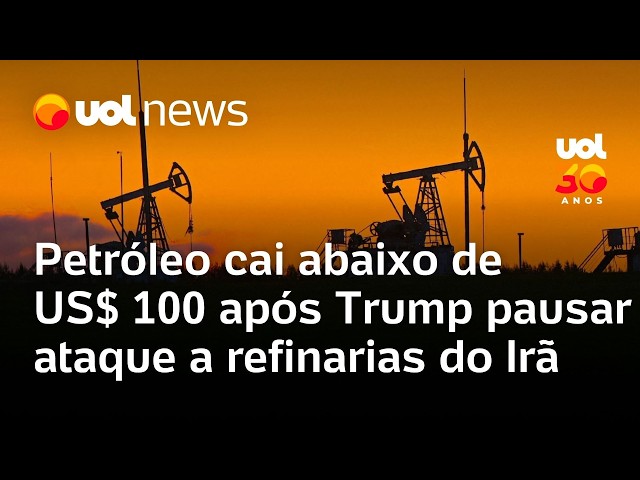 Gráfico mostra queda do petróleo Brent abaixo de US$ 100 com bandeiras do Oriente Médio ao fundo