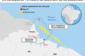 Plataforma de petróleo offshore na Foz do Amazonas com mapa do Brasil ao fundo