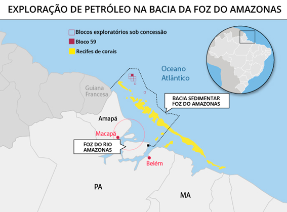 Plataforma de petróleo offshore na Foz do Amazonas com mapa do Brasil ao fundo