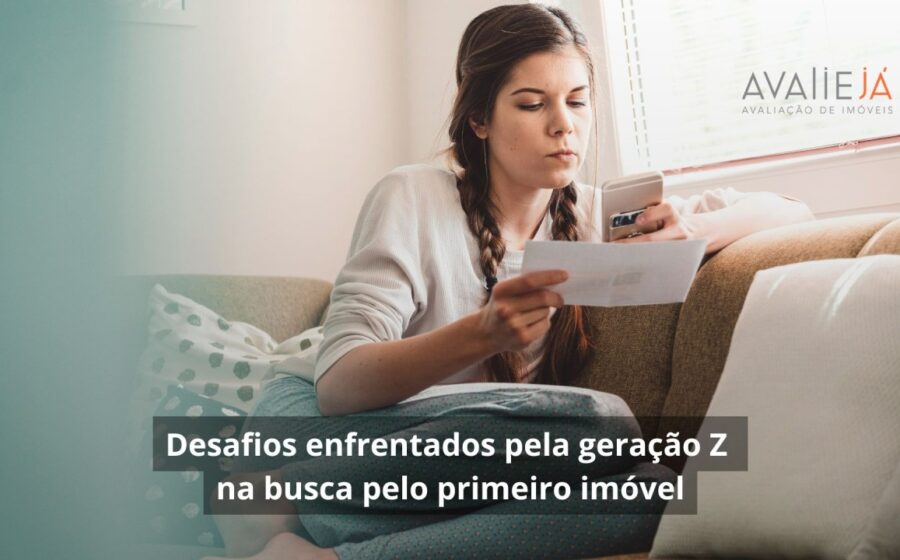 Jovem da Geração Z com celular e sacolas, parcelas no cartão simbolizando pobreza de luxo