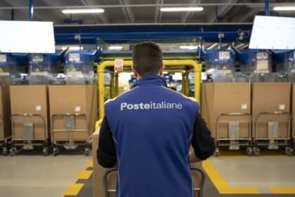 Logos da Poste Italiane e Telecom Italia sobre fundo de bandeiras Itália e Brasil simbolizando aquisição