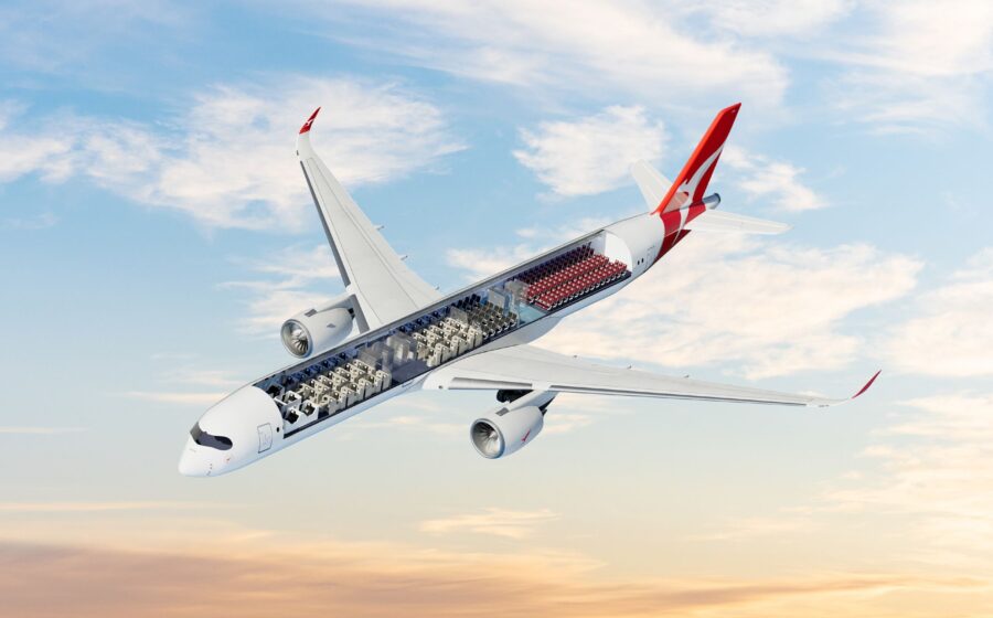 Aeronave Qantas A350 decolando para voo ultralongo de 22 horas Project Sunrise