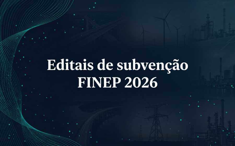 Logotipo Finep sobre fundo de mobilidade urbana sustentável com ícones de ônibus elétrico, bicicleta e trem