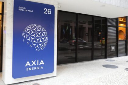 Logotipo da Axia Energia com gráficos de ações e valores R$ 4 bi para recompra de PNCs