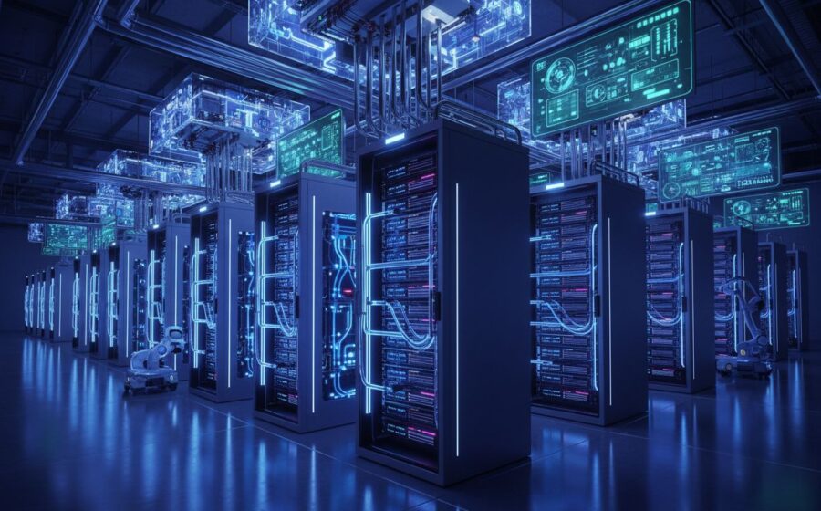 Data center moderno da TIP Brasil em Campinas com fileiras de racks iluminados