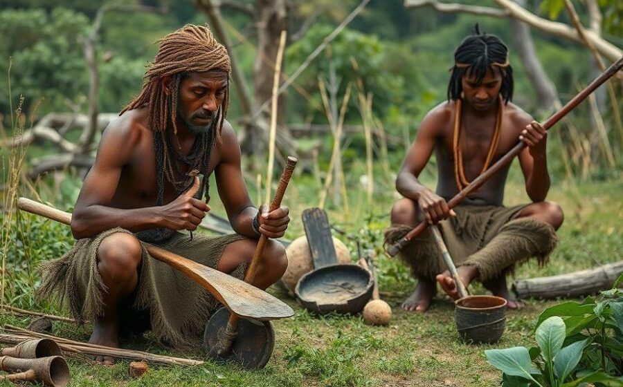 Frutos de umbu e mangaba sobre mesa rústica, representando extração na caatinga potiguar