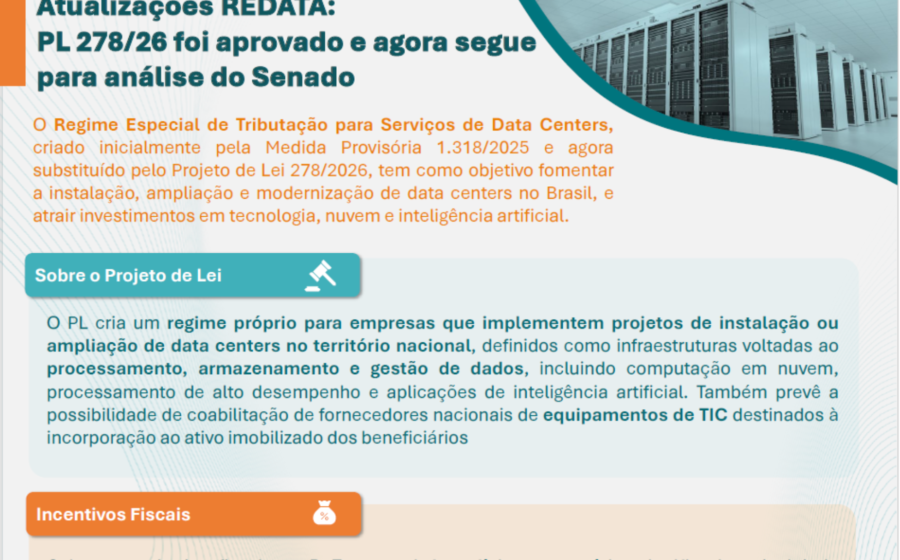 Data center com servidores e símbolo do governo brasileiro representando Redata travado