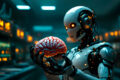Robô humanoide avançado em cozinha tentando dobrar roupas, simbolizando lacuna entre hardware e IA doméstica