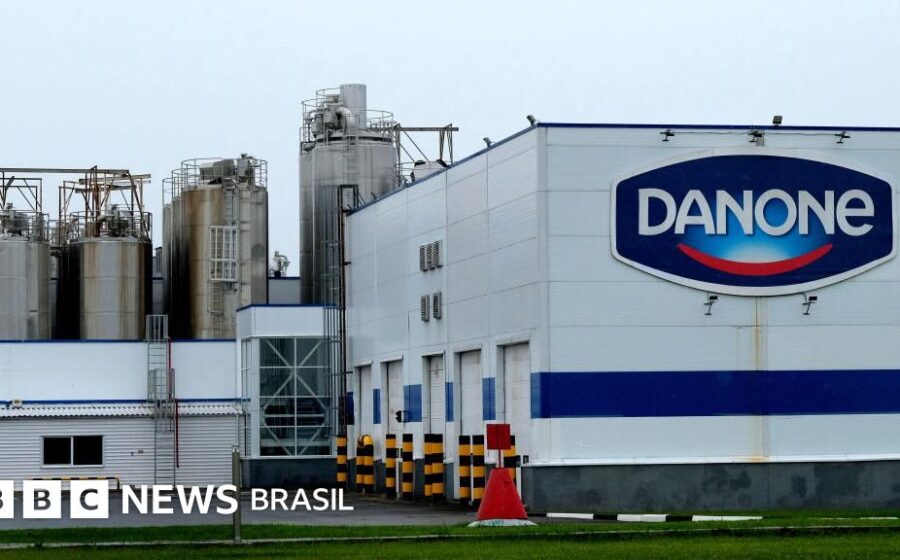 Bandeira da Rússia sobreposta ao logotipo da Nestlé com decreto presidencial ao fundo