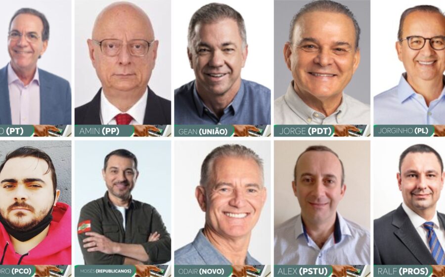 Mapa de Santa Catarina com 8 fotos dos candidatos a governador em 2026
