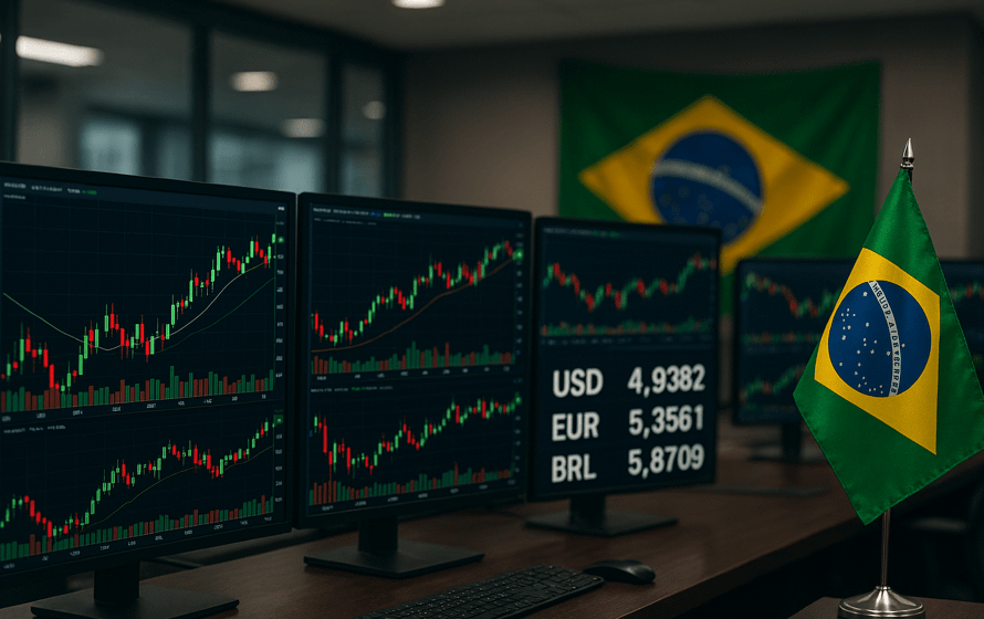 Gráfico projeta Selic a 11,25% em 2027 com logo do Bank of America e bandeira do Brasil