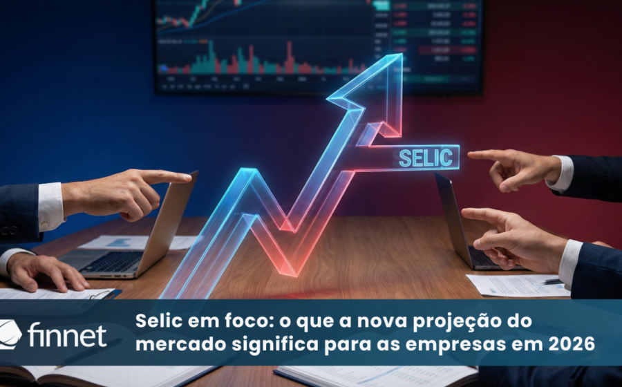 Gráfico mostra taxa Selic em queda para 13,50% com projeções do Boletim Focus 2026