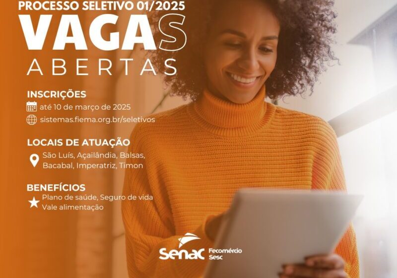 Estudantes em ambiente profissional com logotipo Senac-MA e texto "56 vagas de estágio R$ 972"