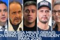 Mapa de Minas Gerais com 16 silhuetas representando candidatos ao Senado em 2026